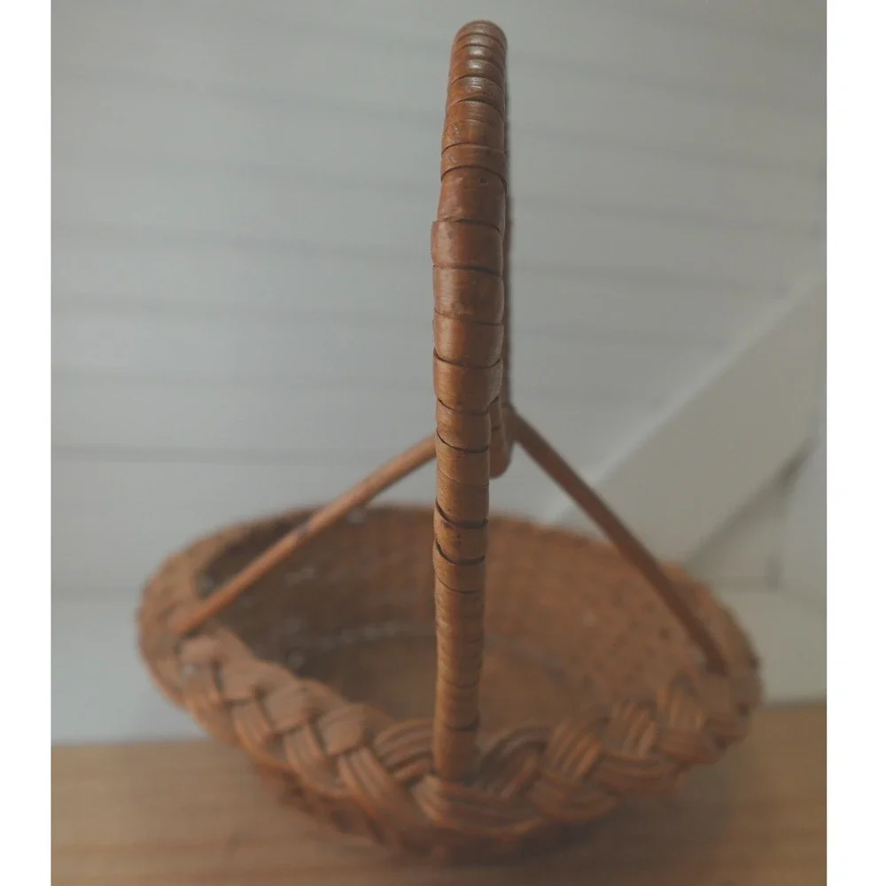 Vintage Woven Wicker Basket Round Abstract Handle 10 inch Braided Rim Unique